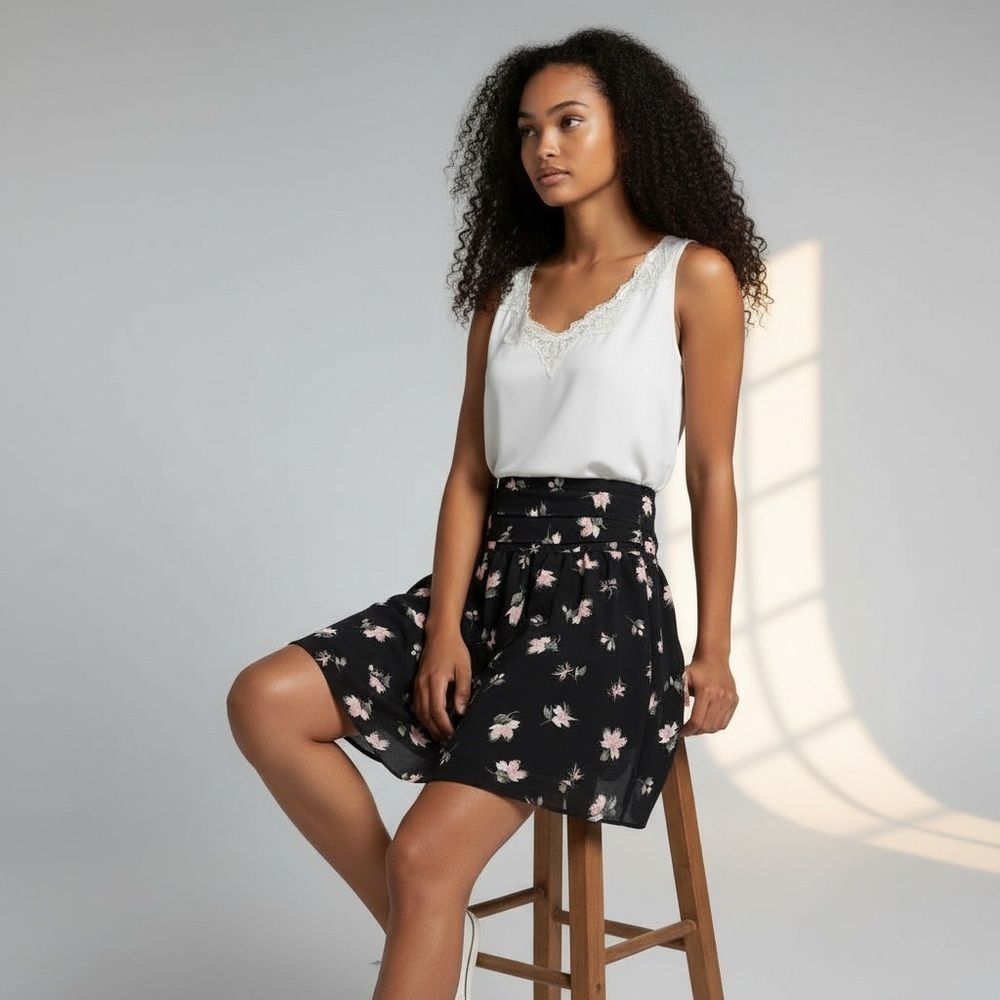 New York & Company Midnight Bloom Smocked Floral Mini Skirt Black XS NWOT - Picture 2 of 8